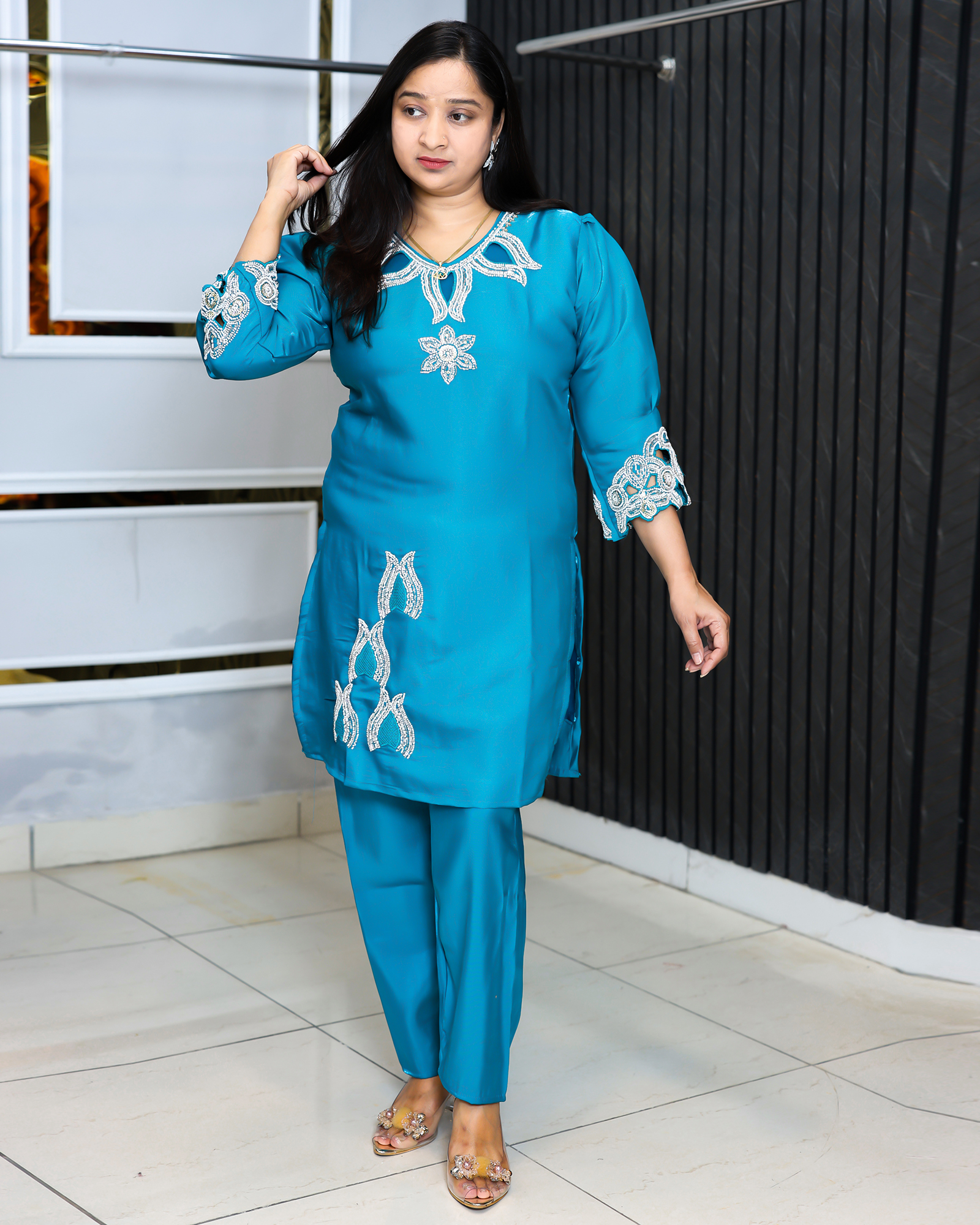 Premium Teal Blue Handwork Co-Ord Set